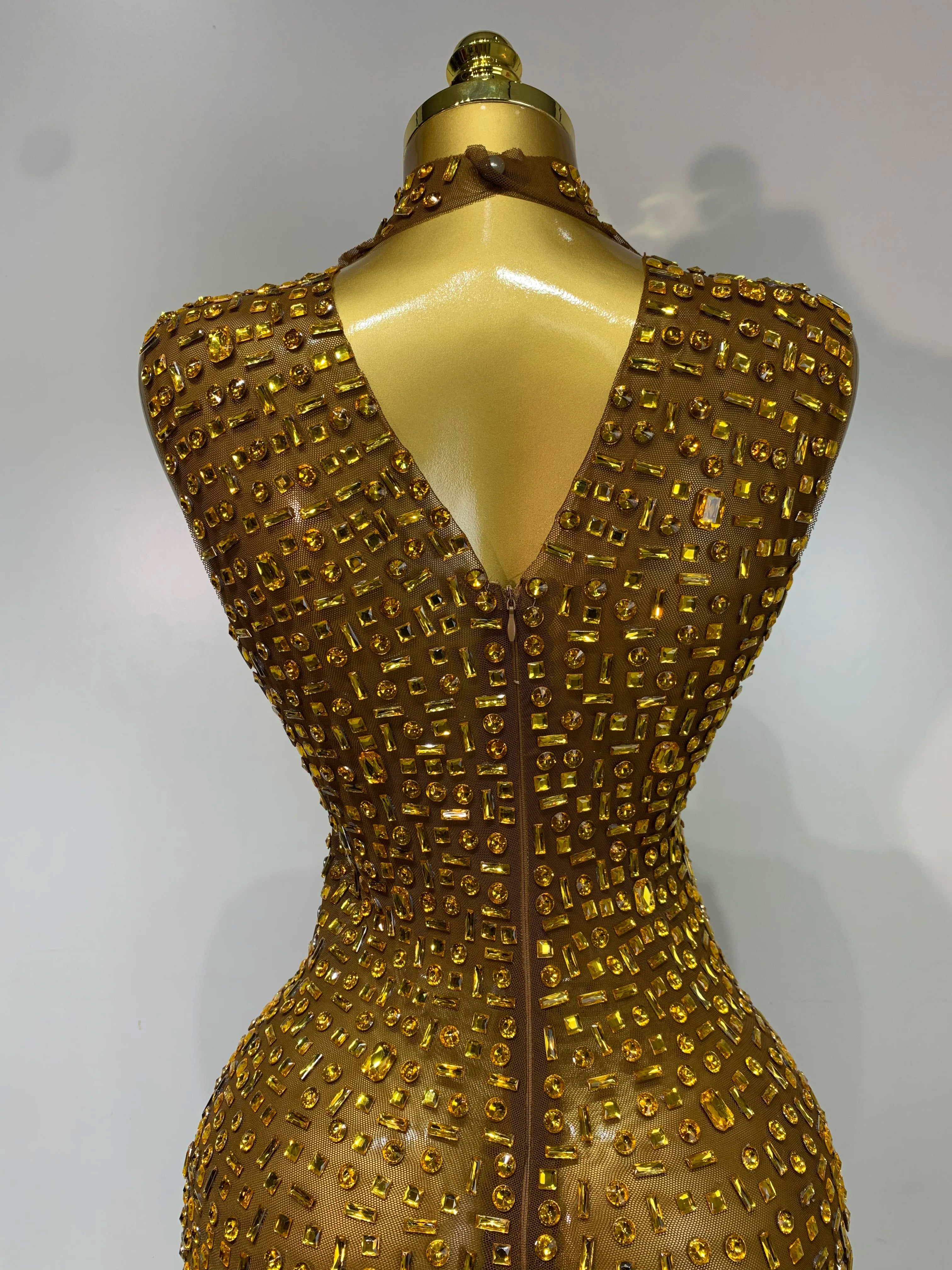 Sparkly Gold Rhinestone Sleeveless Mesh Long Dress