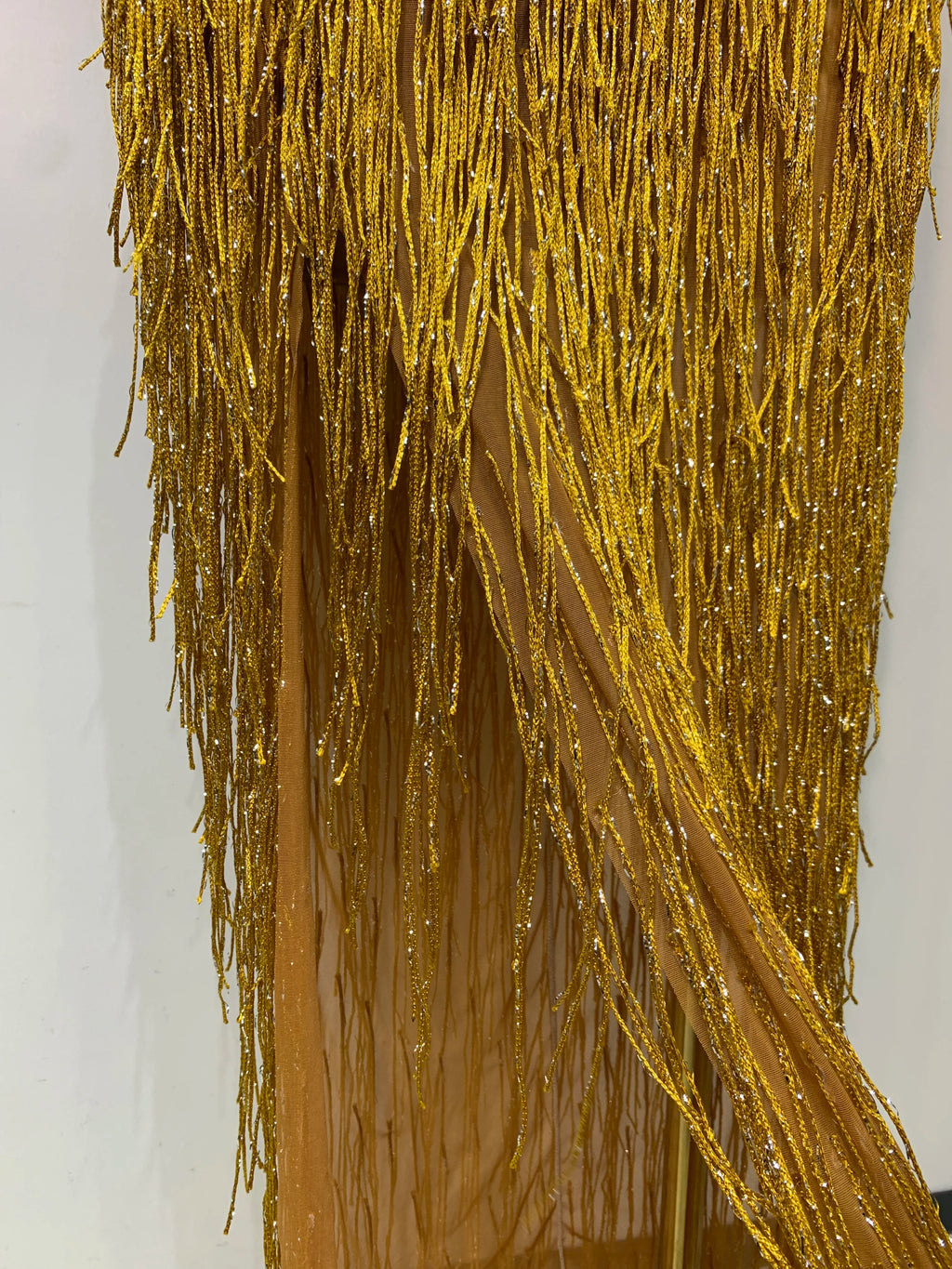 Sexy Gold Crystal Tassel Evening Prom Gown