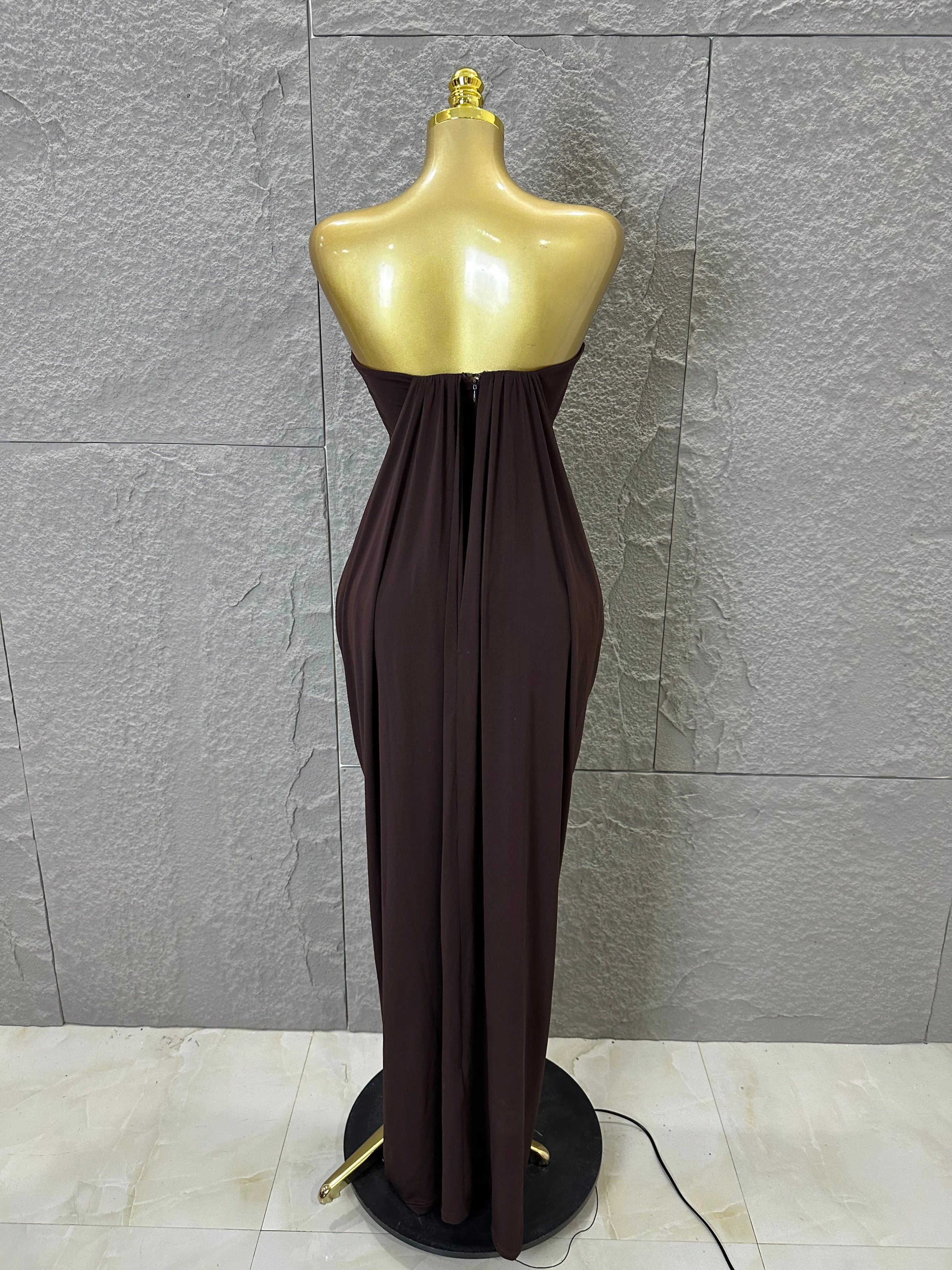 Elegant Brown Strapless Ruched Maxi Dress