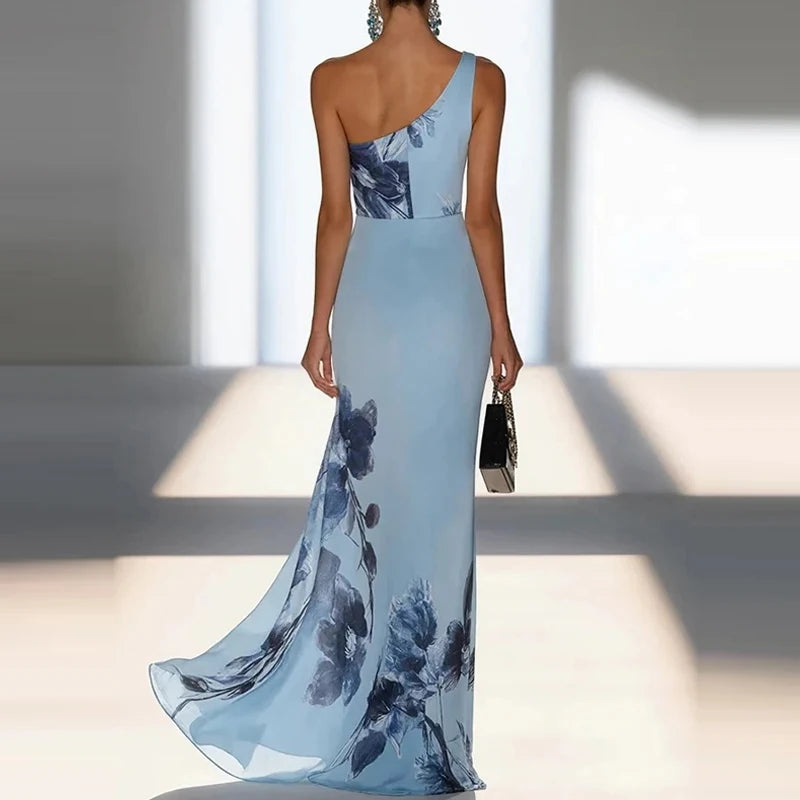 Floral Slash Collar Chiffon Evening Dress