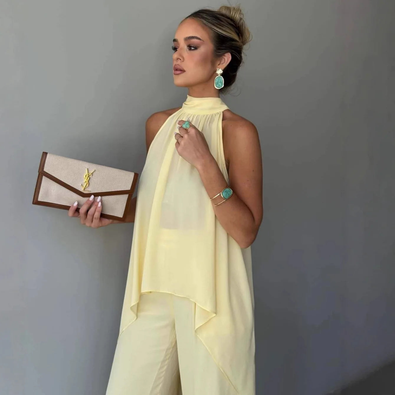 Women Summer Pants Suit: Asymmetrical Sleeveless 2-Piece Set