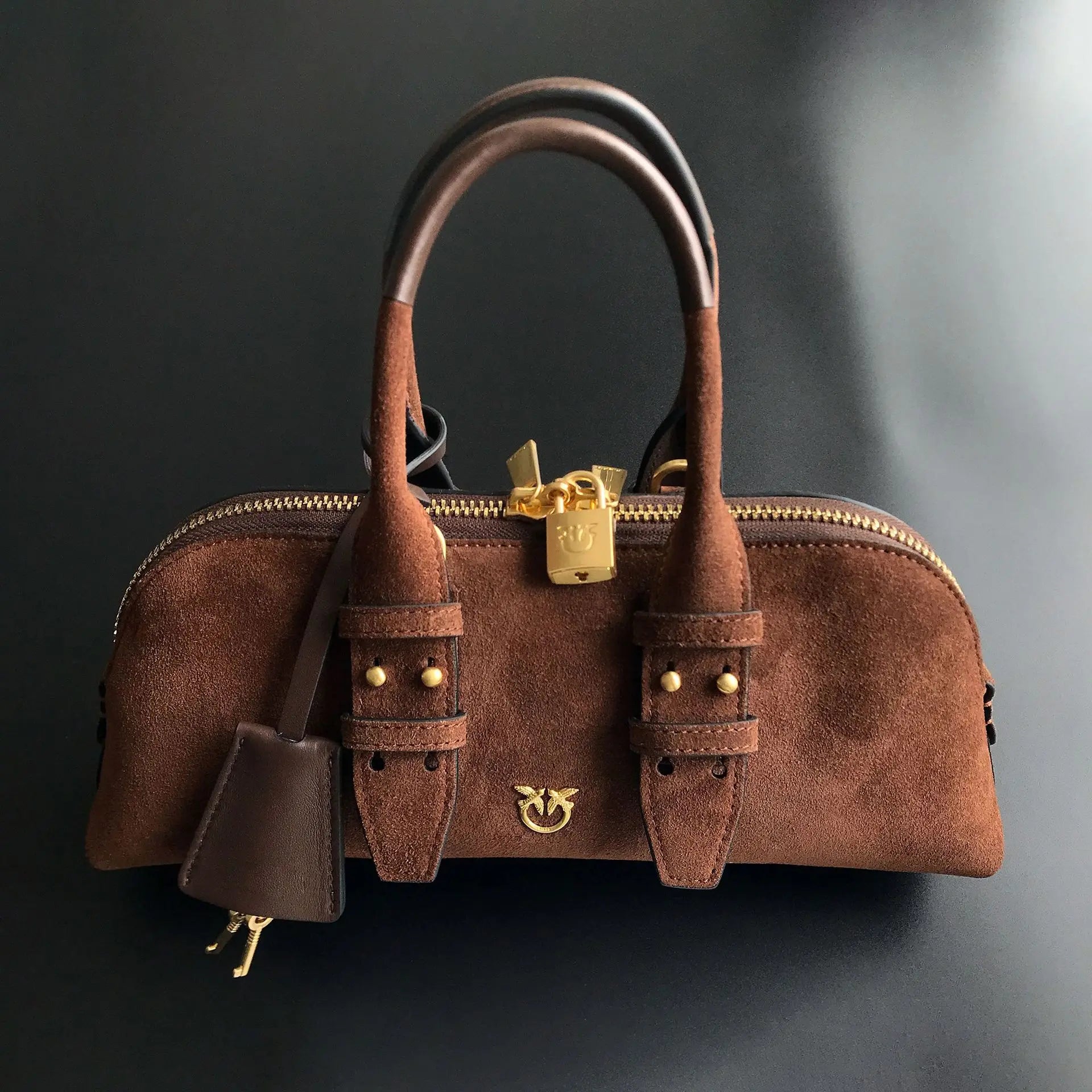 Luxury Pinko-Inspired Leather Swallow Bowling Bag