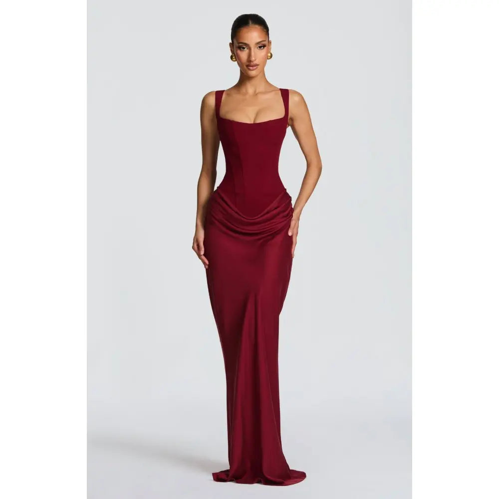 Square Neck Pleated Fishtail Maxi Dress