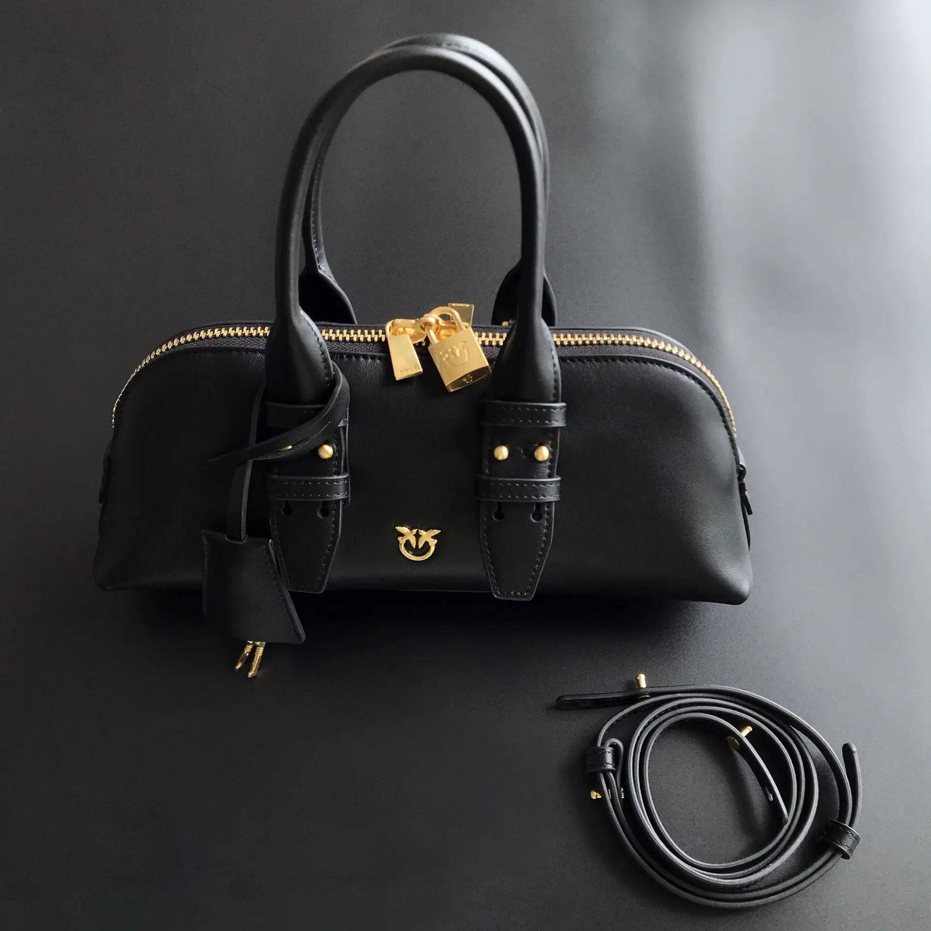 Luxury Pinko-Inspired Leather Swallow Bowling Bag